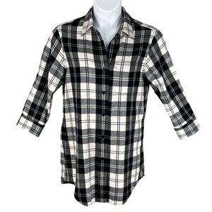 Theory Women 10 Black White Tartan Plaid Button Up Tunic Shirt Virgin Wool Blend